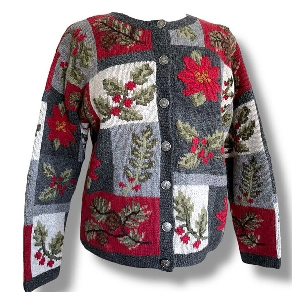 Nomadic Traders Women Cardigan Sz Small Gray Red Wool Embroidered Floral Sweater - Picture 4 of 11